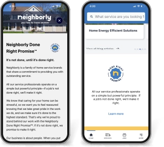 Two phone screens displaying the Neighborly App.