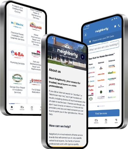 Two phone screens displaying the Neighborly App.