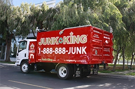 Red Junk King dump truck parked on a street in front of greenery.