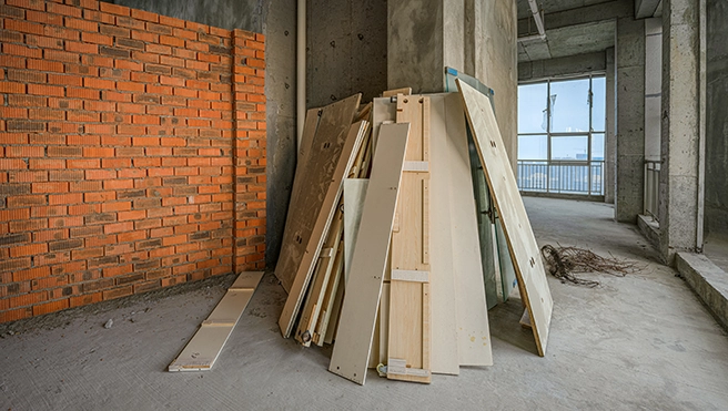 A pile of wood beside a brick wall.