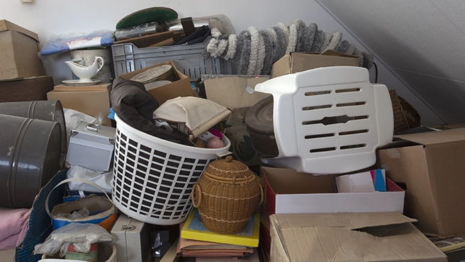 A room full of junk that looks like a hoarding situation.