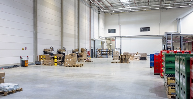 A clean, organized, brightly lit warehouse.