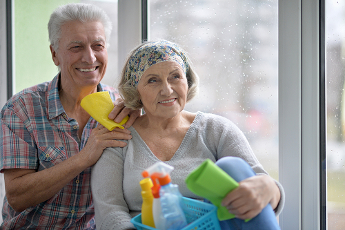 Smiling Senior male and female leaning against window while holding cleaning tools