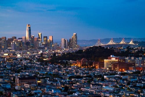 Hillside homes and neighborhood aerial in Bernal Heights, San Francisco