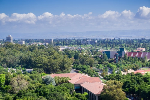 Menlo Park Silicon Valley tech campus skyline and suburban view