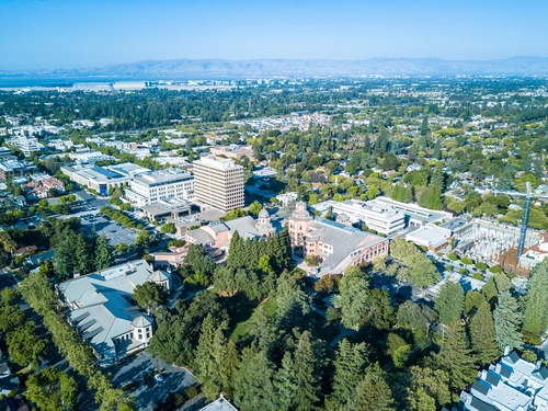 Mountain View Bay Area downtown and tech hub aerial view