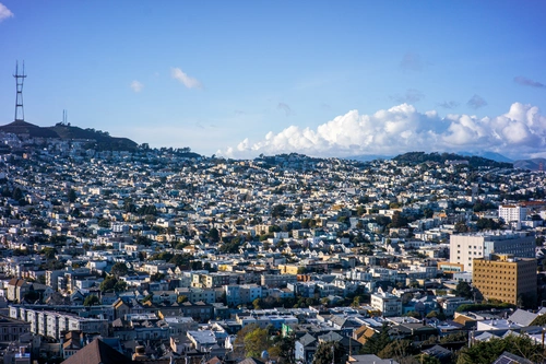 Sutro Tower and hilltop neighborhood view in Noe Valley, San Francisco
