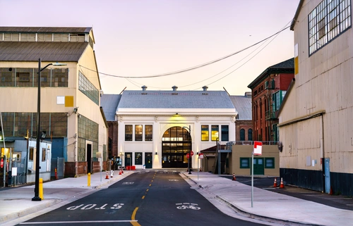 Historic warehouse buildings and street view in Dogpatch San Francisco