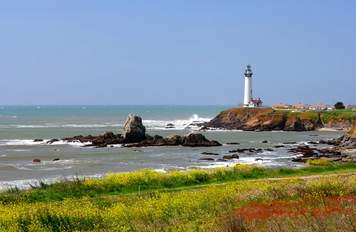 Pigeon Point Lighthouse sunset coastal view in Pescadero, CA