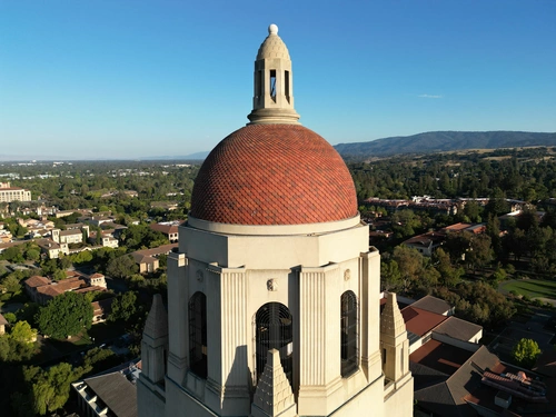 Hoover Tower and Stanford University campus aerial view
