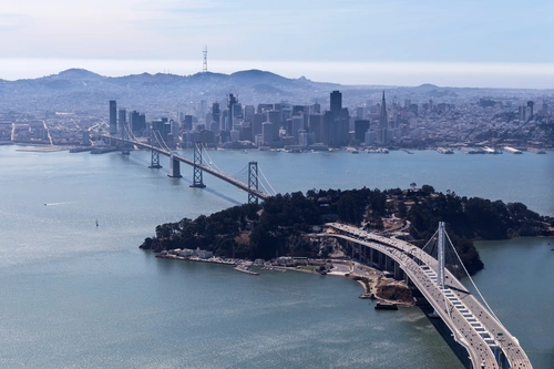Aerial view of Treasure Island and Bay Bridge access in San Francisco