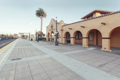 Historic Burlingame Caltrain station and arcade district view