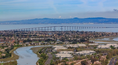 San Mateo Bay Area marshland and bridge view at sunset